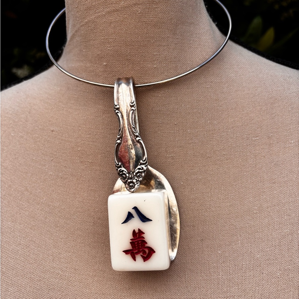 Vintage 8 character  Mahjong Tile and bent spoon choker